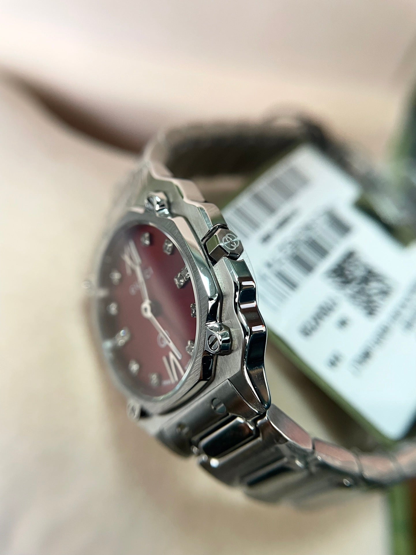 Gucci G-Flat Stainless Steel Watch with Red Dial