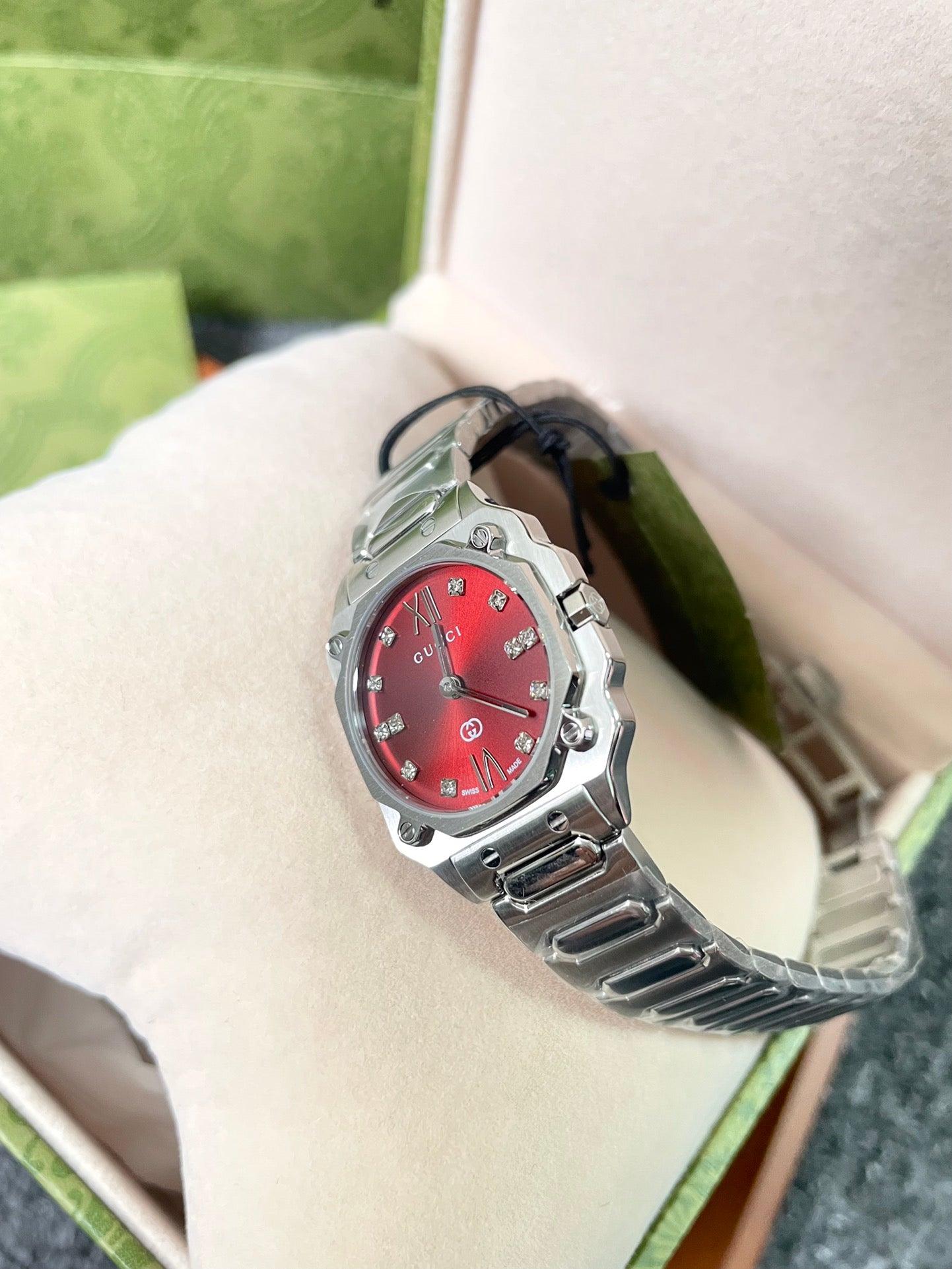 Gucci G-Flat Stainless Steel Watch with Red Dial