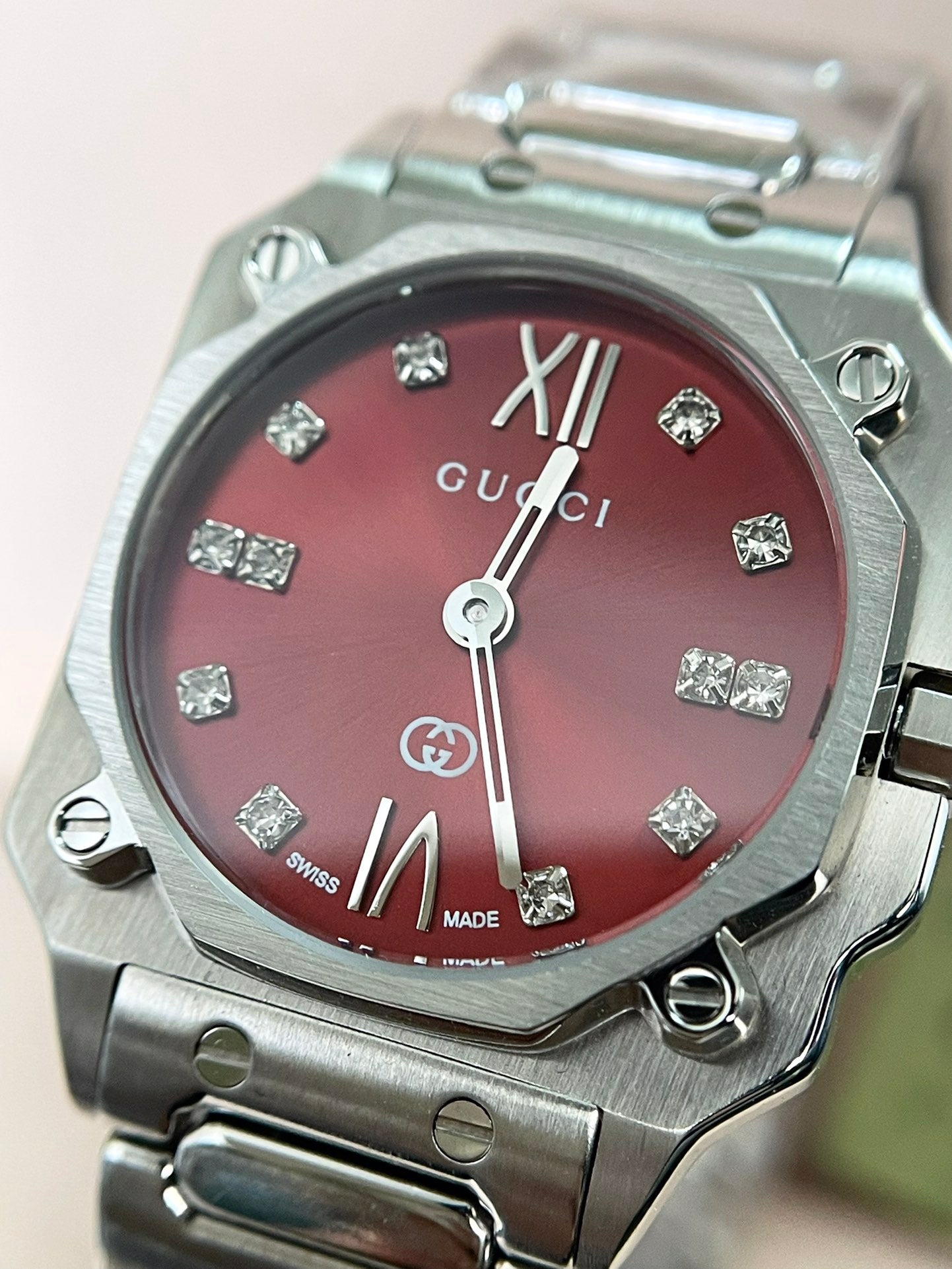 Gucci G-Flat Stainless Steel Watch with Red Dial