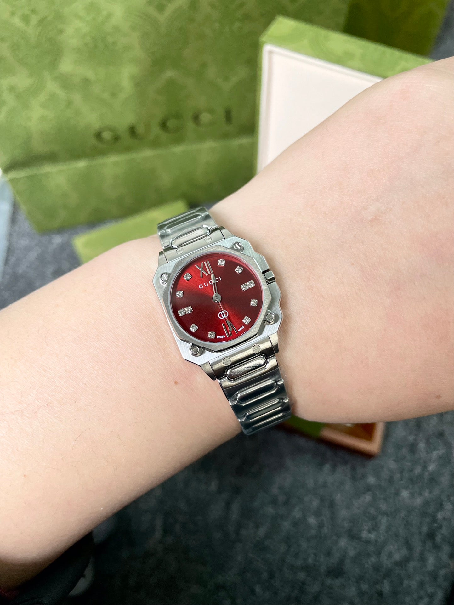 Gucci G-Flat Stainless Steel Watch with Red Dial