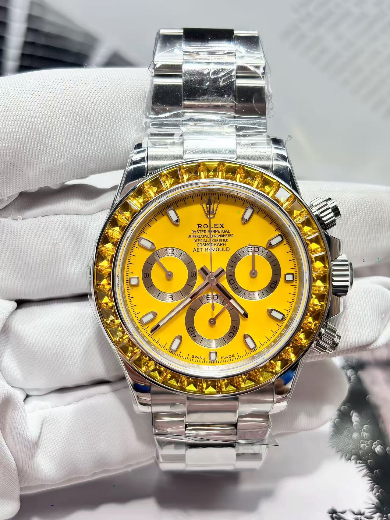 Rolex Daytona Yellow Dial Diamond Bezel Watch