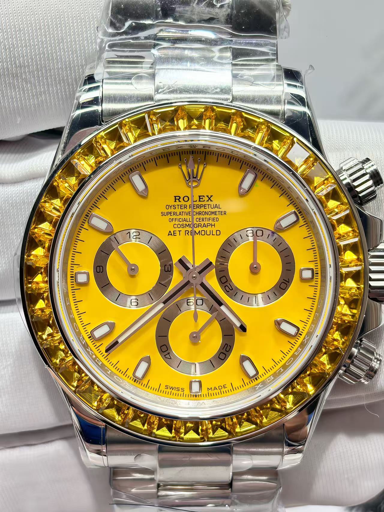 Rolex Daytona Yellow Dial Diamond Bezel Watch