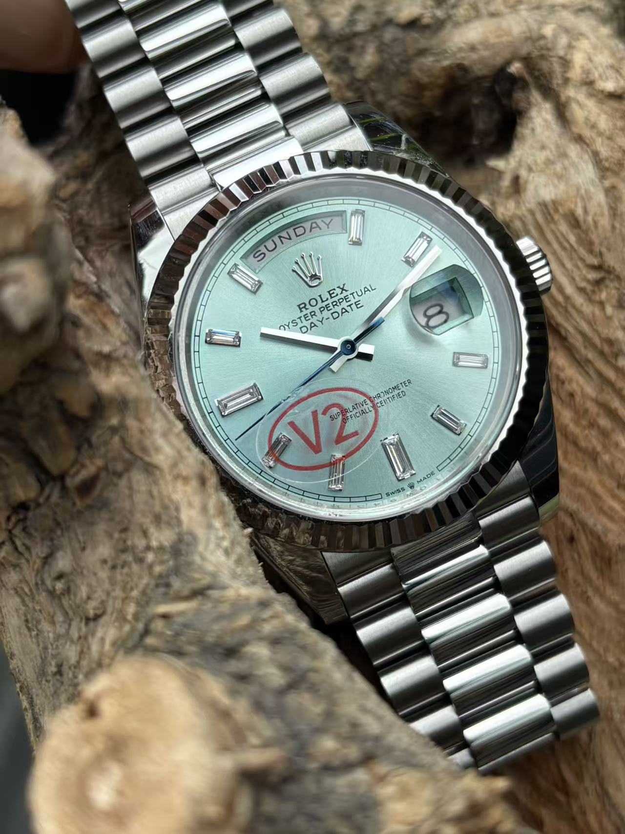 Rolex Day-Date Platinum Ice Blue Fluted Bezel Watch