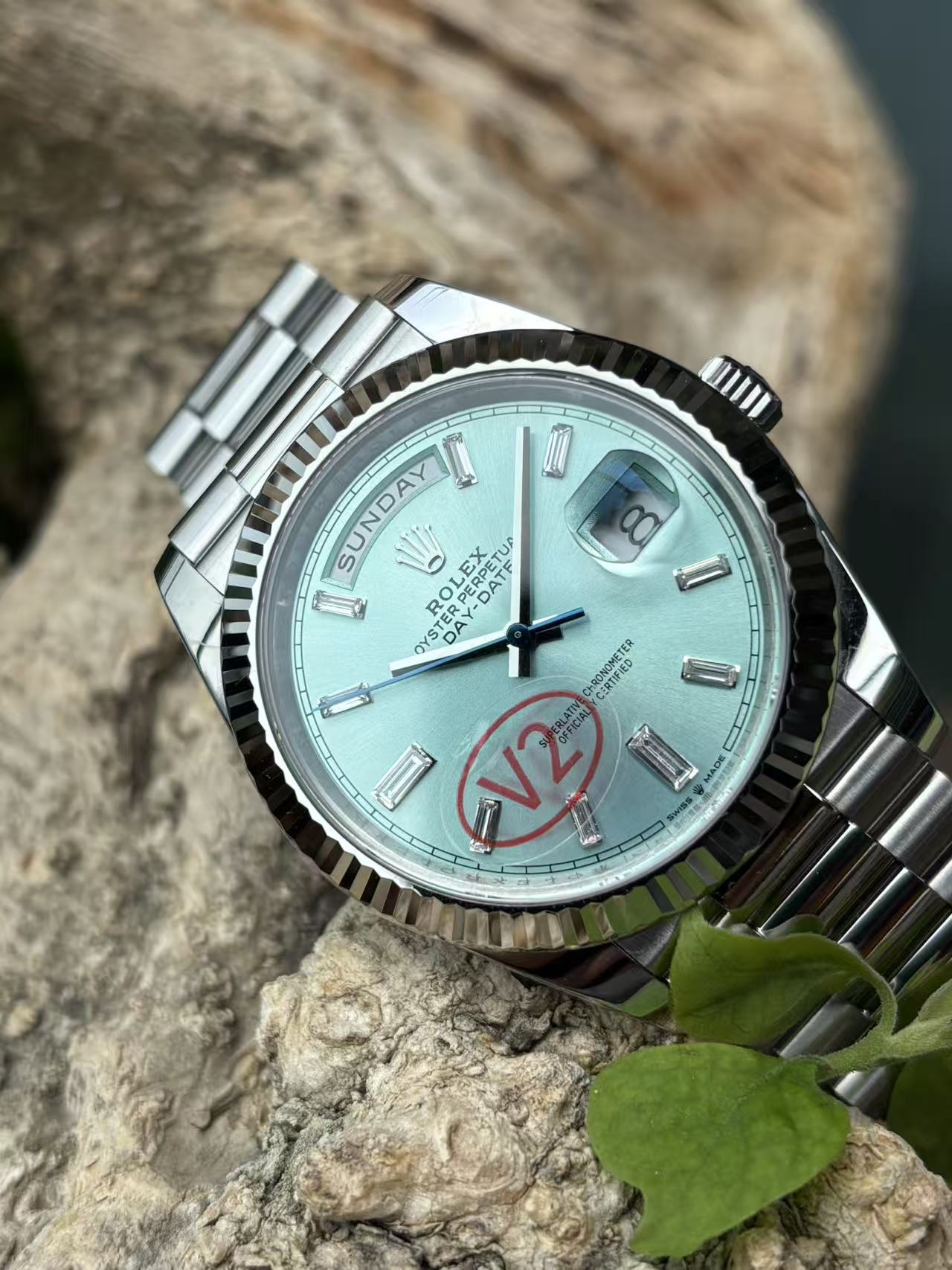 Rolex Day-Date Platinum Ice Blue Fluted Bezel Watch