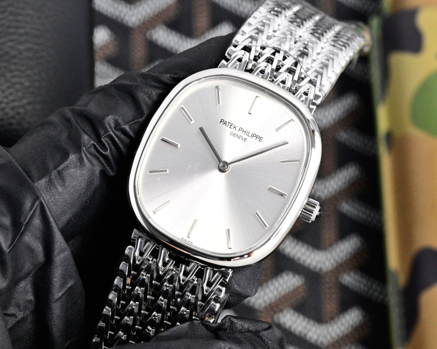 Patek Philippe Golden Ellipse Silver Sunburst Dial White Gold Luxury Watch