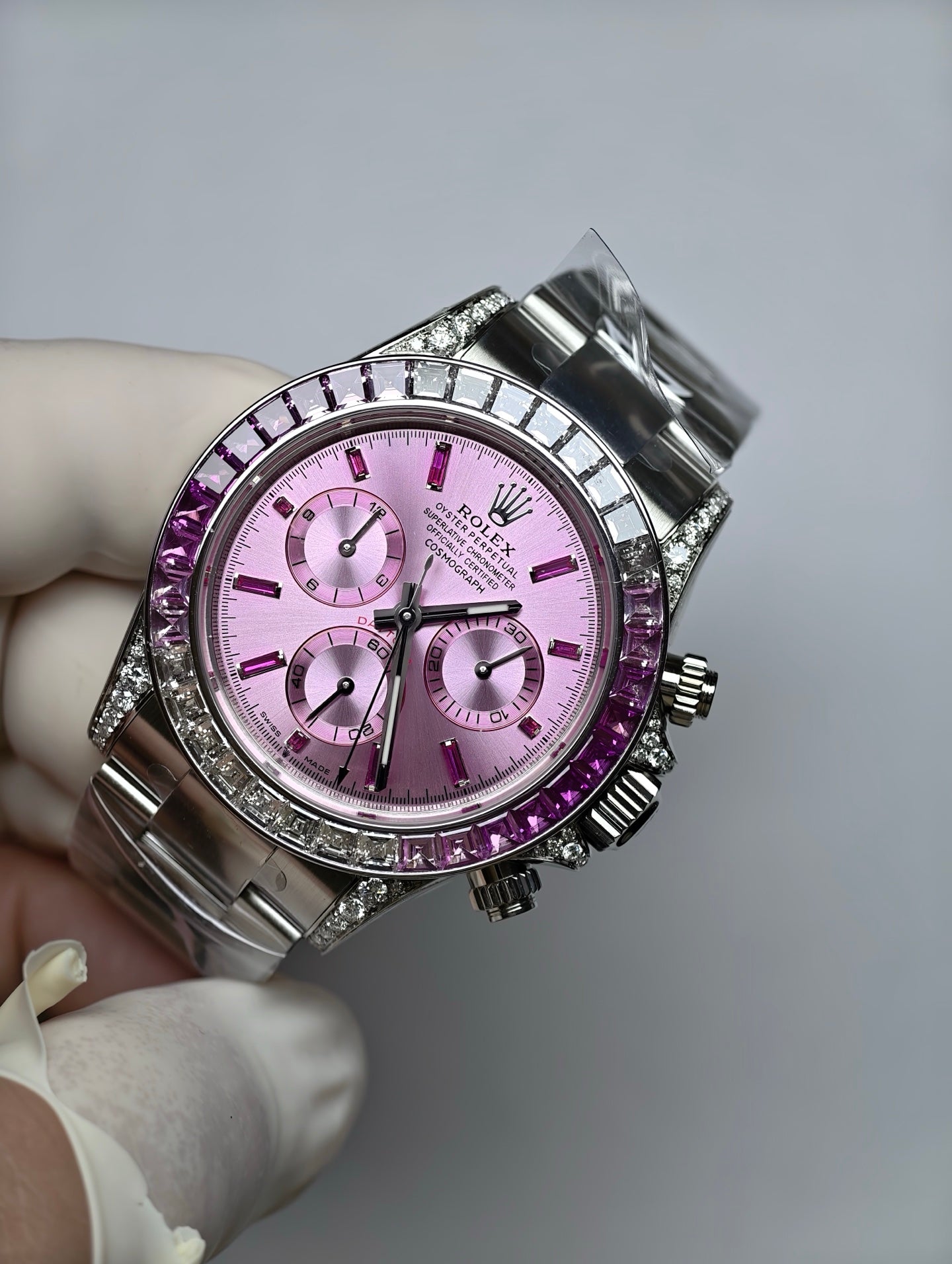 Custom Rolex Daytona Pink Dial Pink Gemstone Bezel