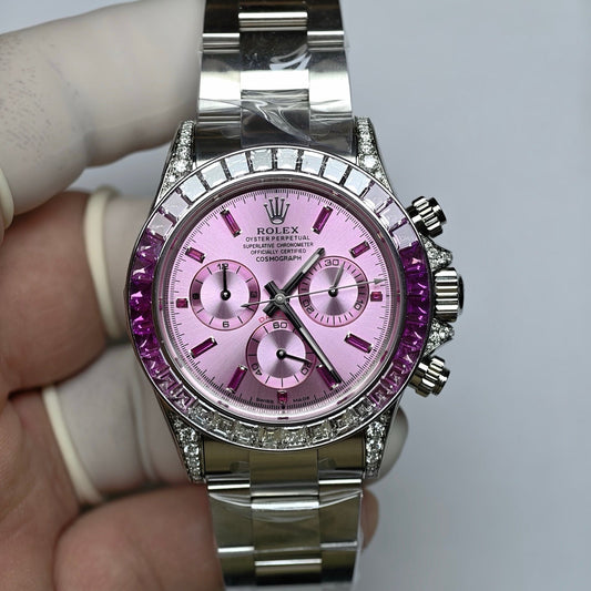 Custom Rolex Daytona Pink Dial Pink Gemstone Bezel