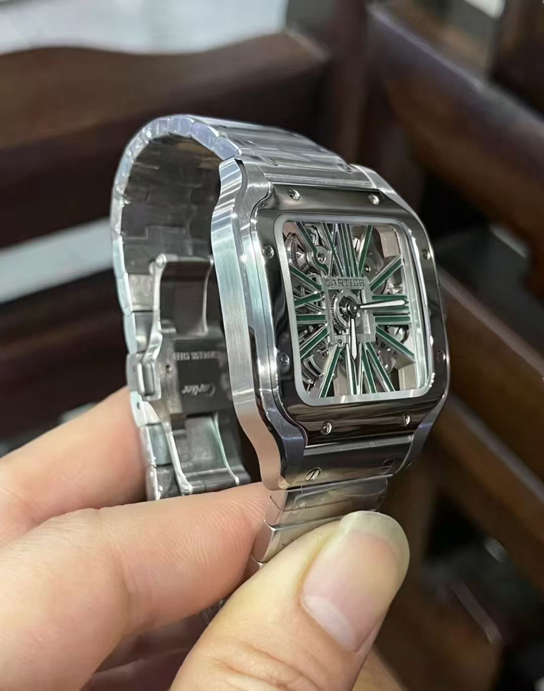 Cartier Santos Skeleton WHSA0028 Steel Green Dial