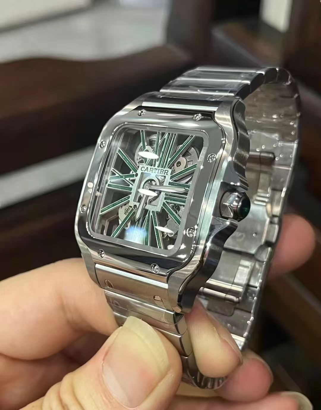 Cartier Santos Skeleton WHSA0028 Steel Green Dial