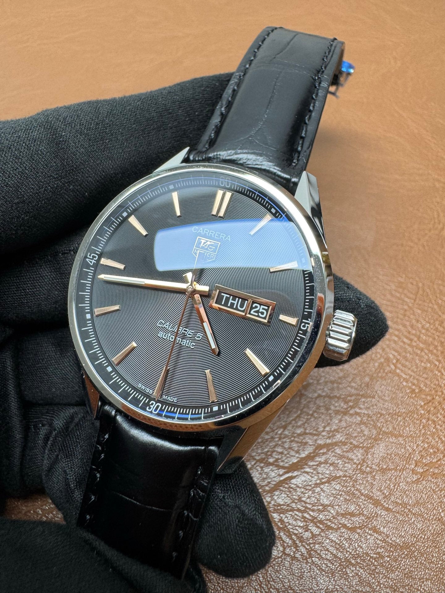TAG Heuer Carrera Calibre 5 Black Dial Leather Watch