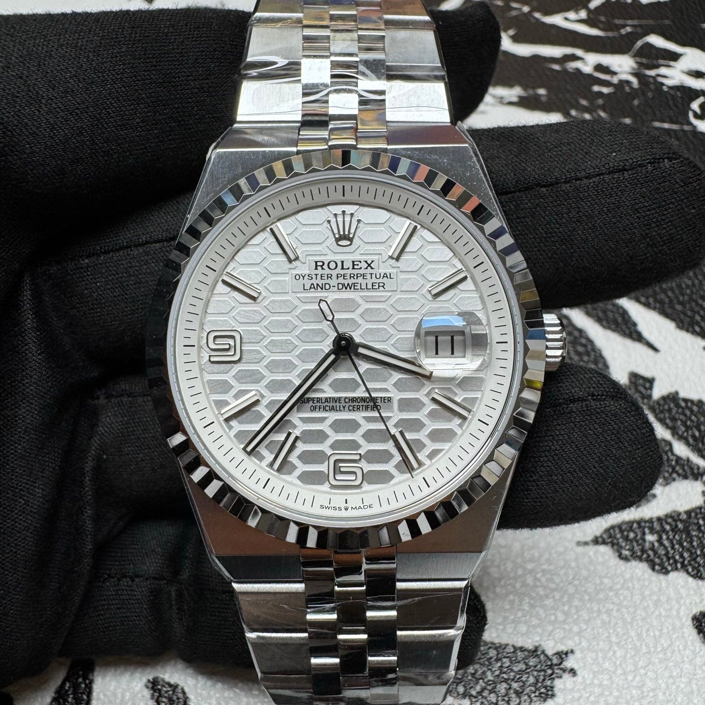 Rolex Land-Dweller White Honeycomb Dial White Gold Bezel