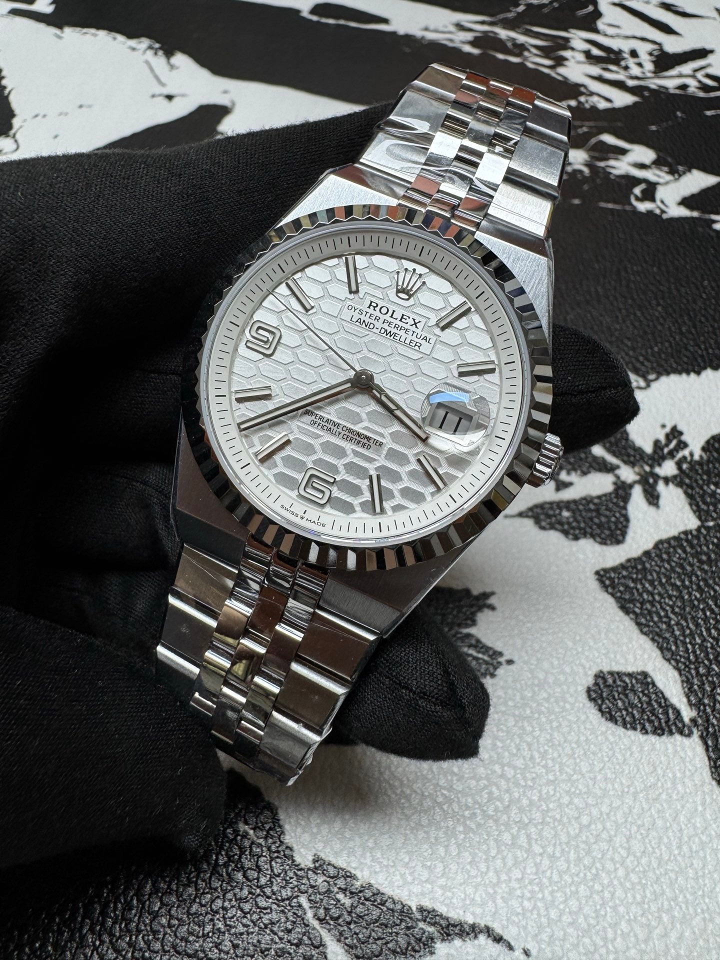 Rolex Land-Dweller White Honeycomb Dial White Gold Bezel