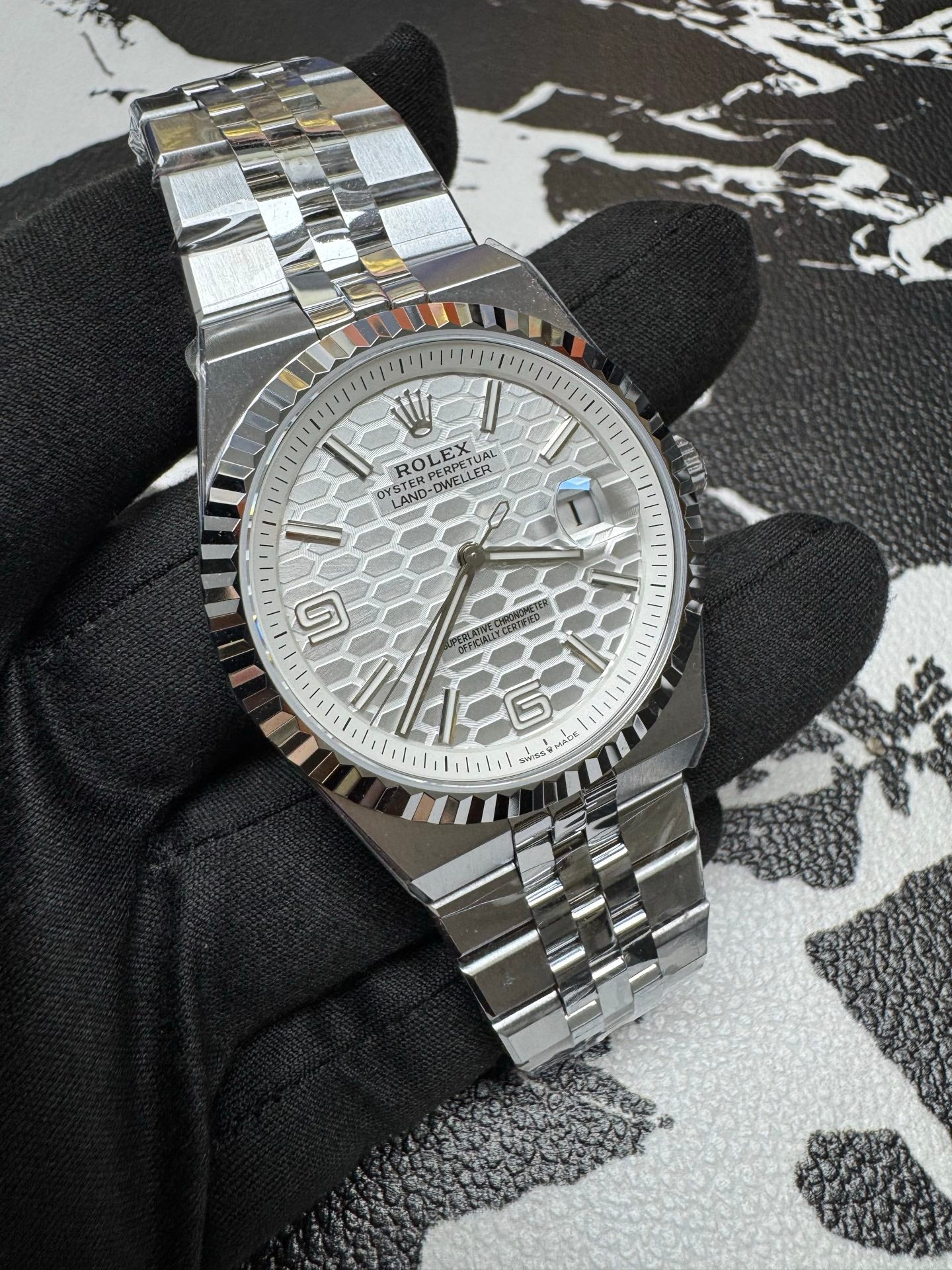 Rolex Land-Dweller White Honeycomb Dial White Gold Bezel