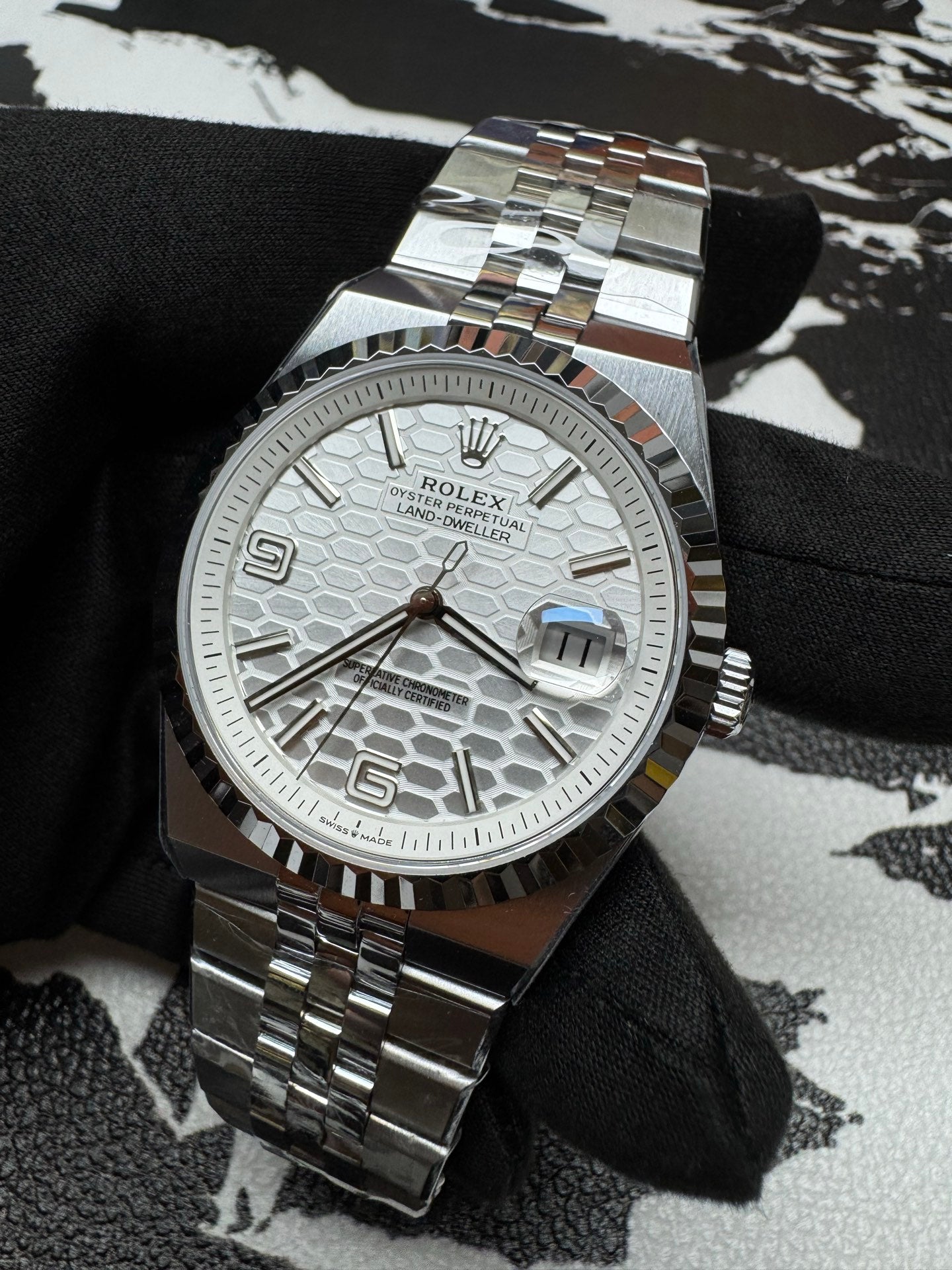 Rolex Land-Dweller White Honeycomb Dial White Gold Bezel