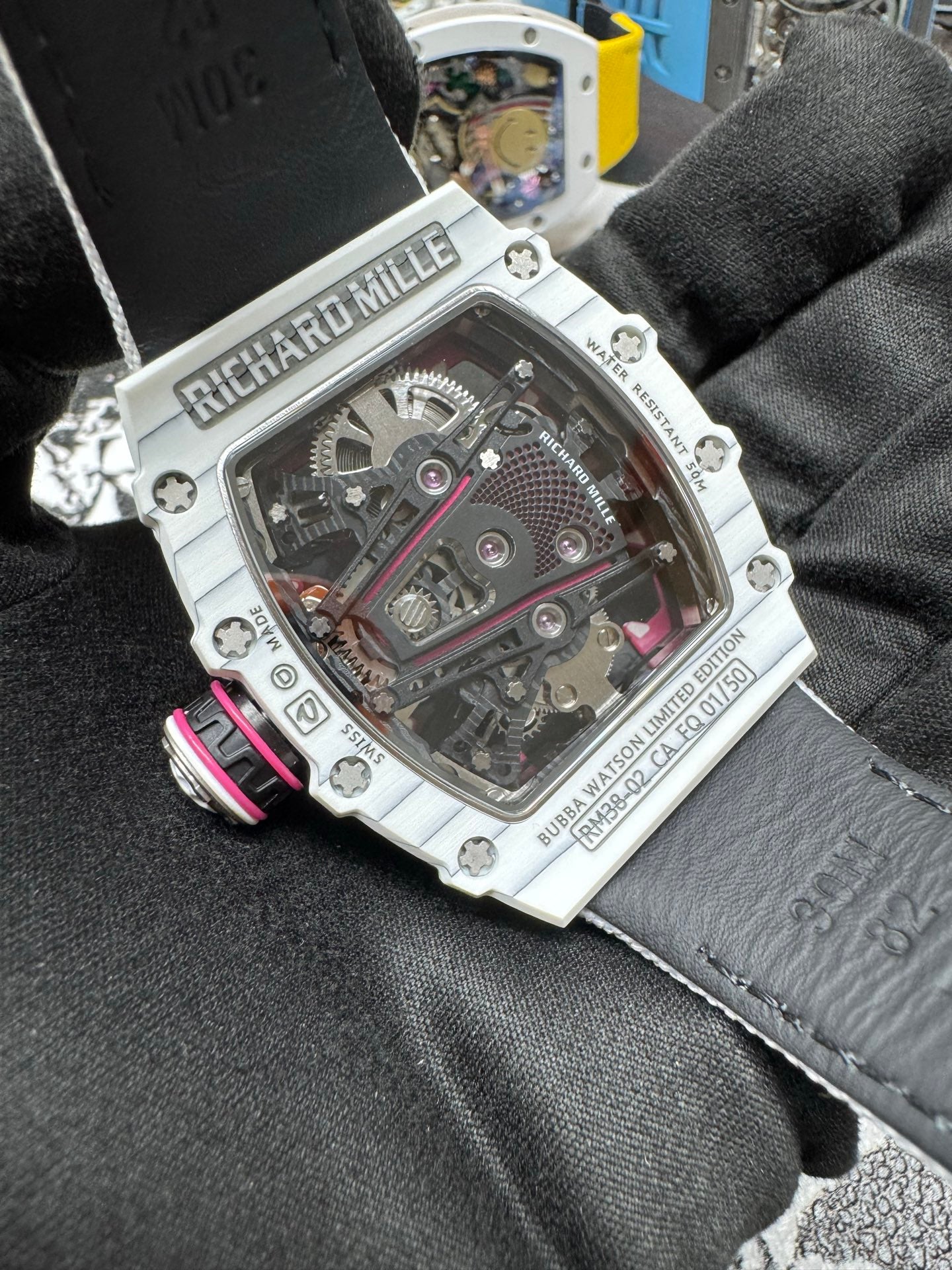 Richard Mille RM 38-02 Manual Winding Tourbillon Bubba Watson featuring a striking white and pink Quartz TPT case