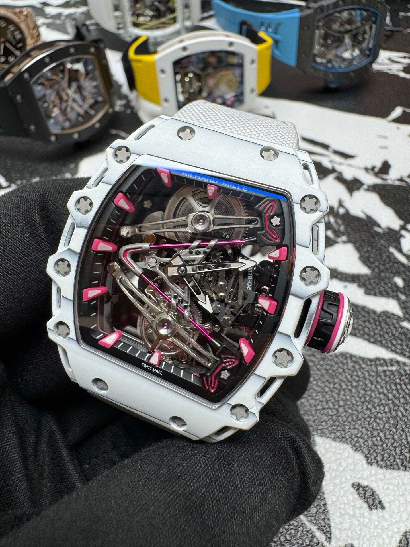Richard Mille RM 38-02 Manual Winding Tourbillon Bubba Watson featuring a striking white and pink Quartz TPT case