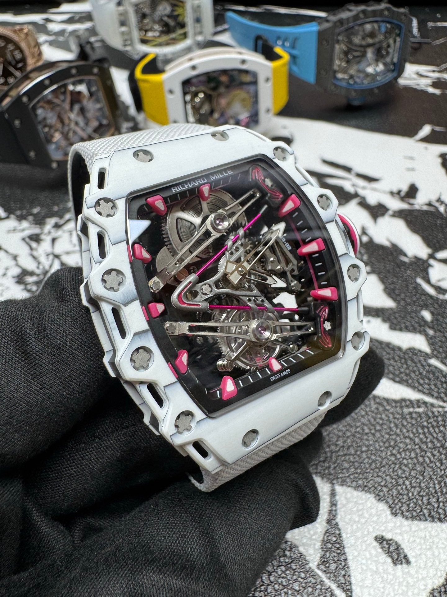Richard Mille RM 38-02 Manual Winding Tourbillon Bubba Watson featuring a striking white and pink Quartz TPT case