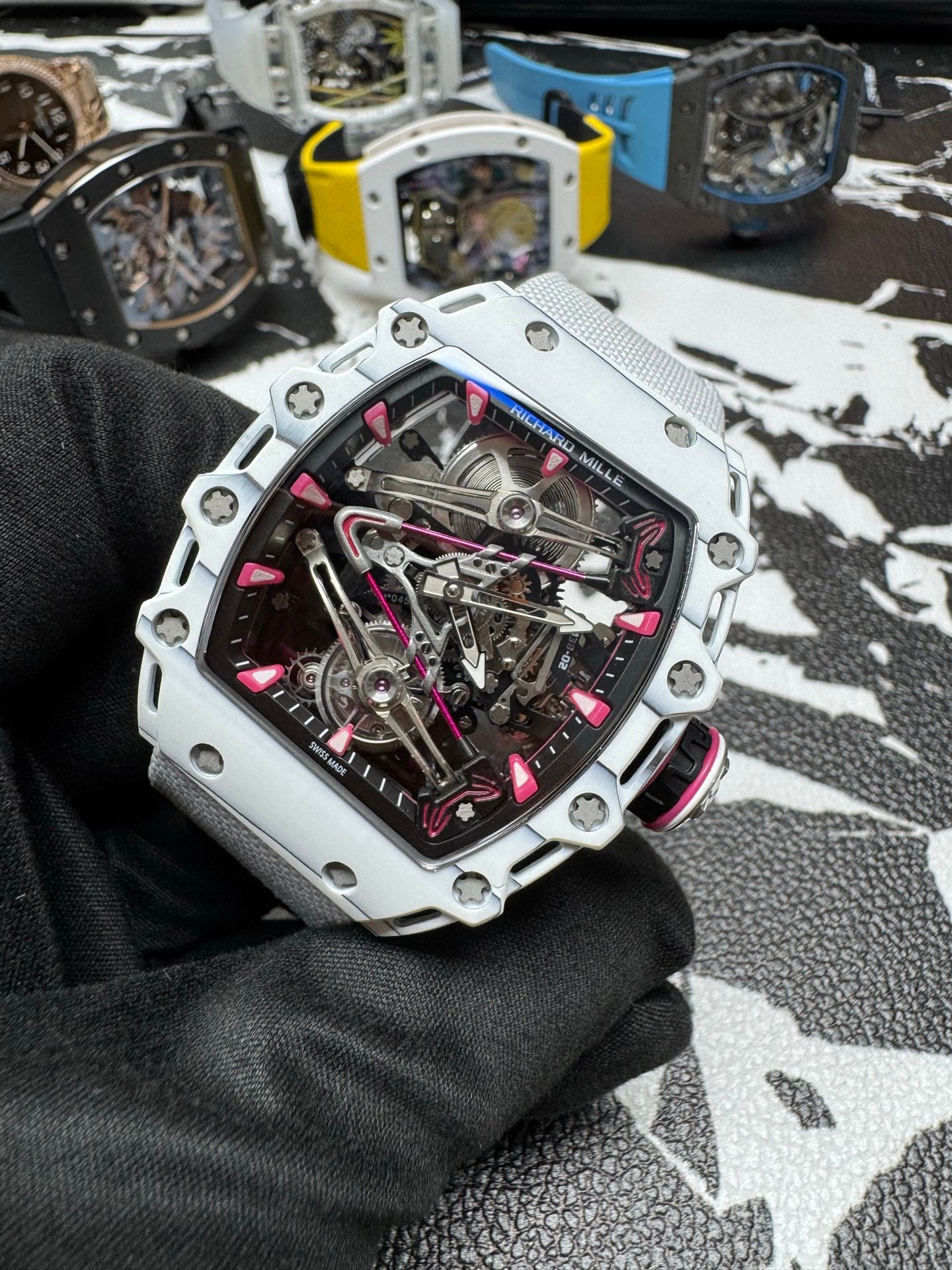 Richard Mille RM 38-02 Manual Winding Tourbillon Bubba Watson featuring a striking white and pink Quartz TPT case