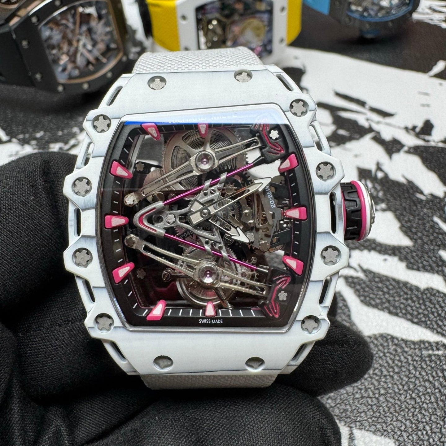 Richard Mille RM 38-02 Manual Winding Tourbillon Bubba Watson featuring a striking white and pink Quartz TPT case