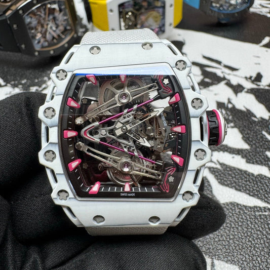Richard Mille RM 38-02 Manual Winding Tourbillon Bubba Watson featuring a striking white and pink Quartz TPT case