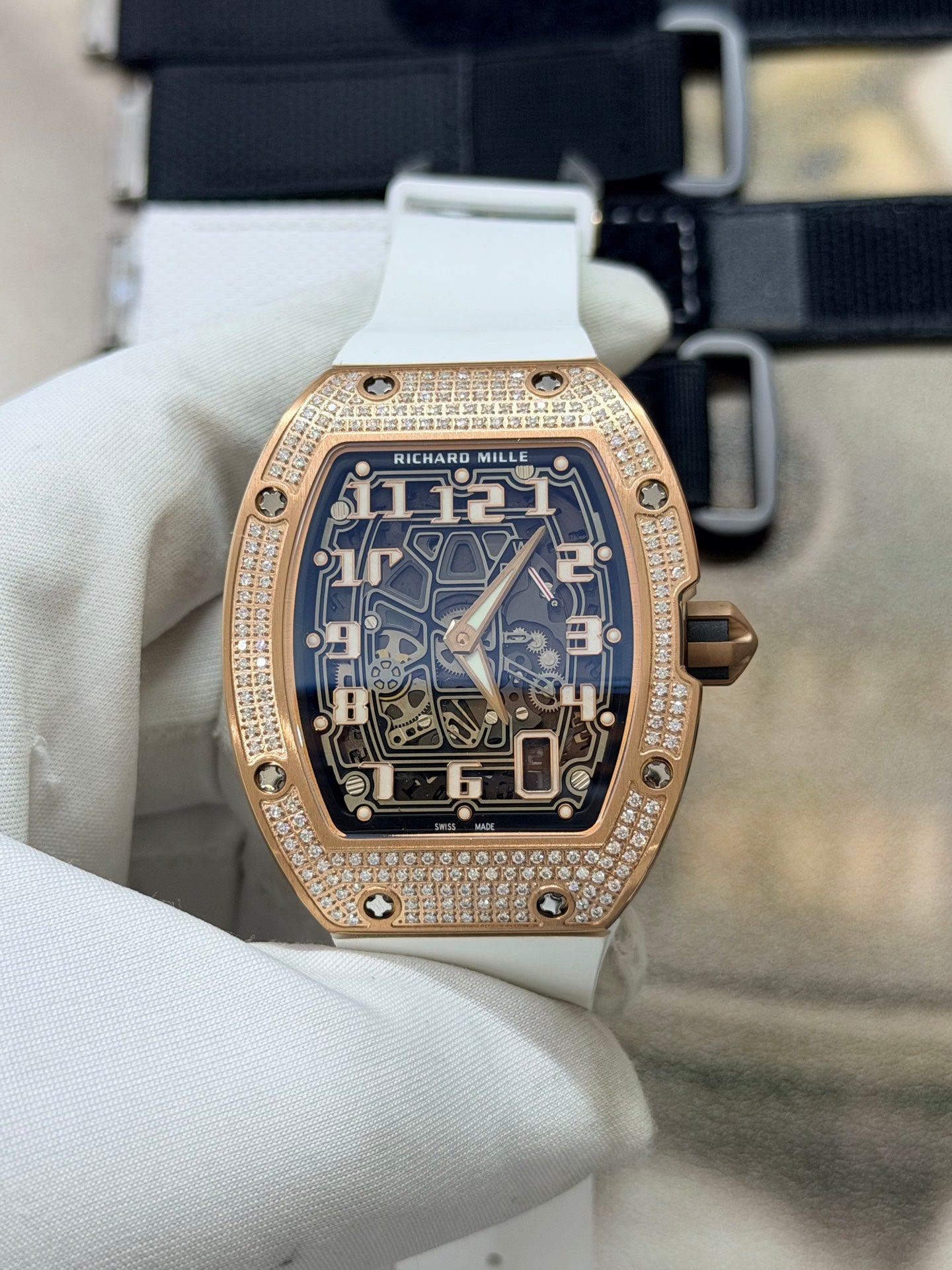 Richard Mille RM 67-01 Rose Gold Diamond White Rubber Strap Watch