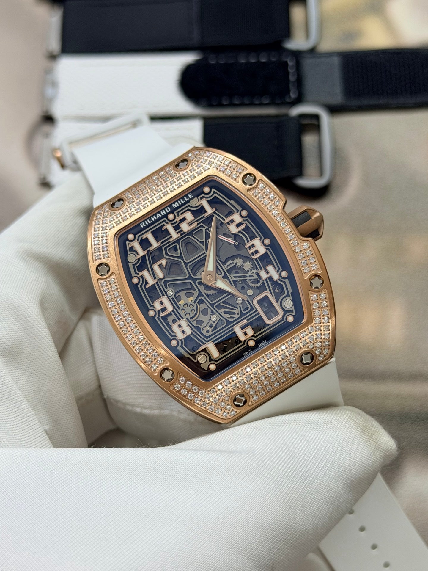 Richard Mille RM 67-01 Rose Gold Diamond White Rubber Strap Watch