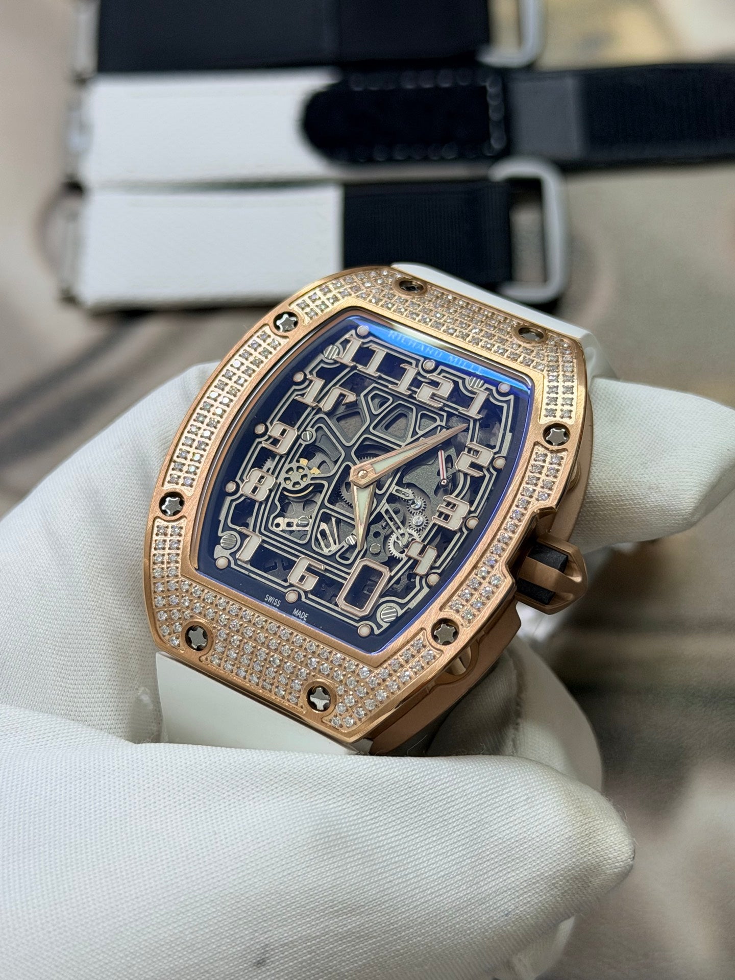 Richard Mille RM 67-01 Rose Gold Diamond White Rubber Strap Watch