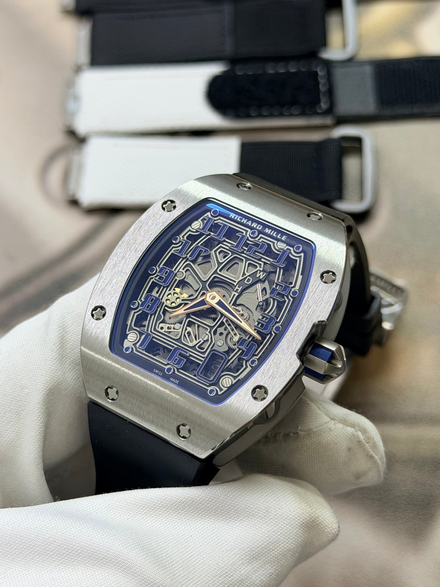 Richard Mille RM 67-01 Extra-Flat watch features a distinctive tonneau-shaped titanium case and a skeletonized dial. (Copy)