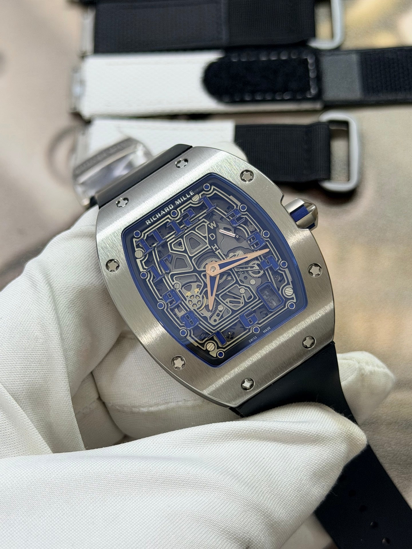 Richard Mille RM 67-01 Extra-Flat watch features a distinctive tonneau-shaped titanium case and a skeletonized dial. (Copy)