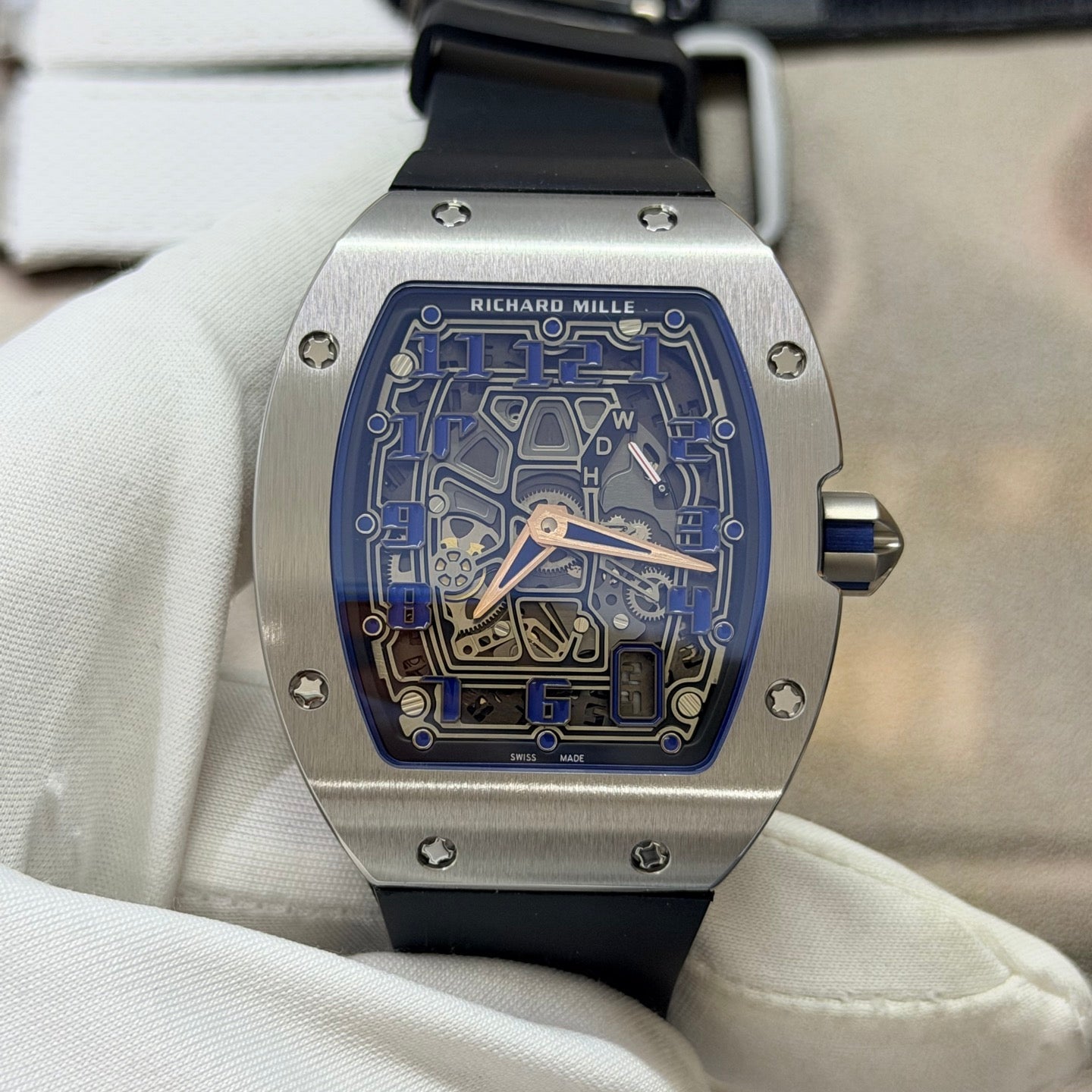 Richard Mille RM 67-01 Extra-Flat watch features a distinctive tonneau-shaped titanium case and a skeletonized dial. (Copy)