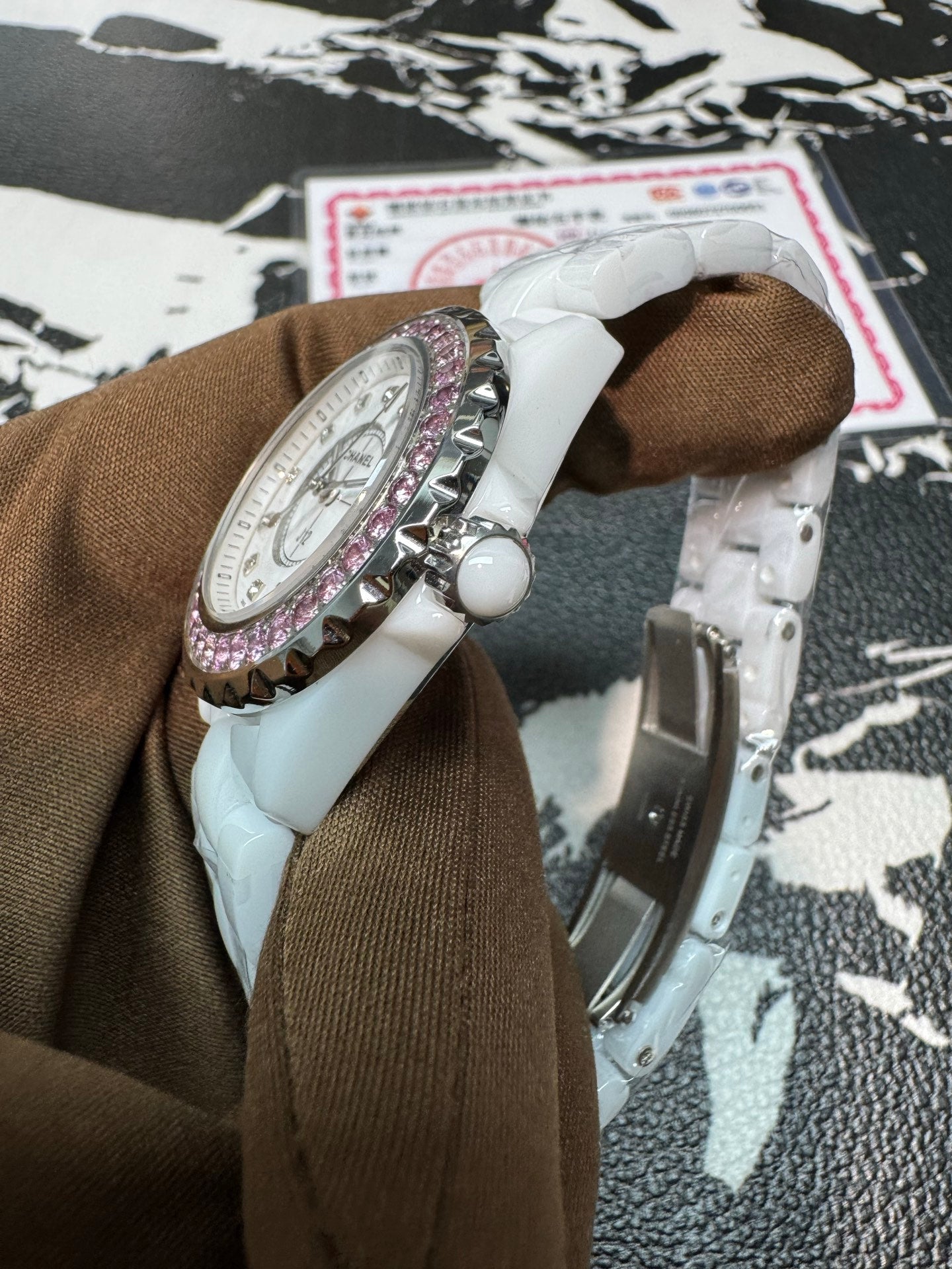 Chanel J12 33mm H2010 White Ceramic Watch with Pink Sapphire Bezel