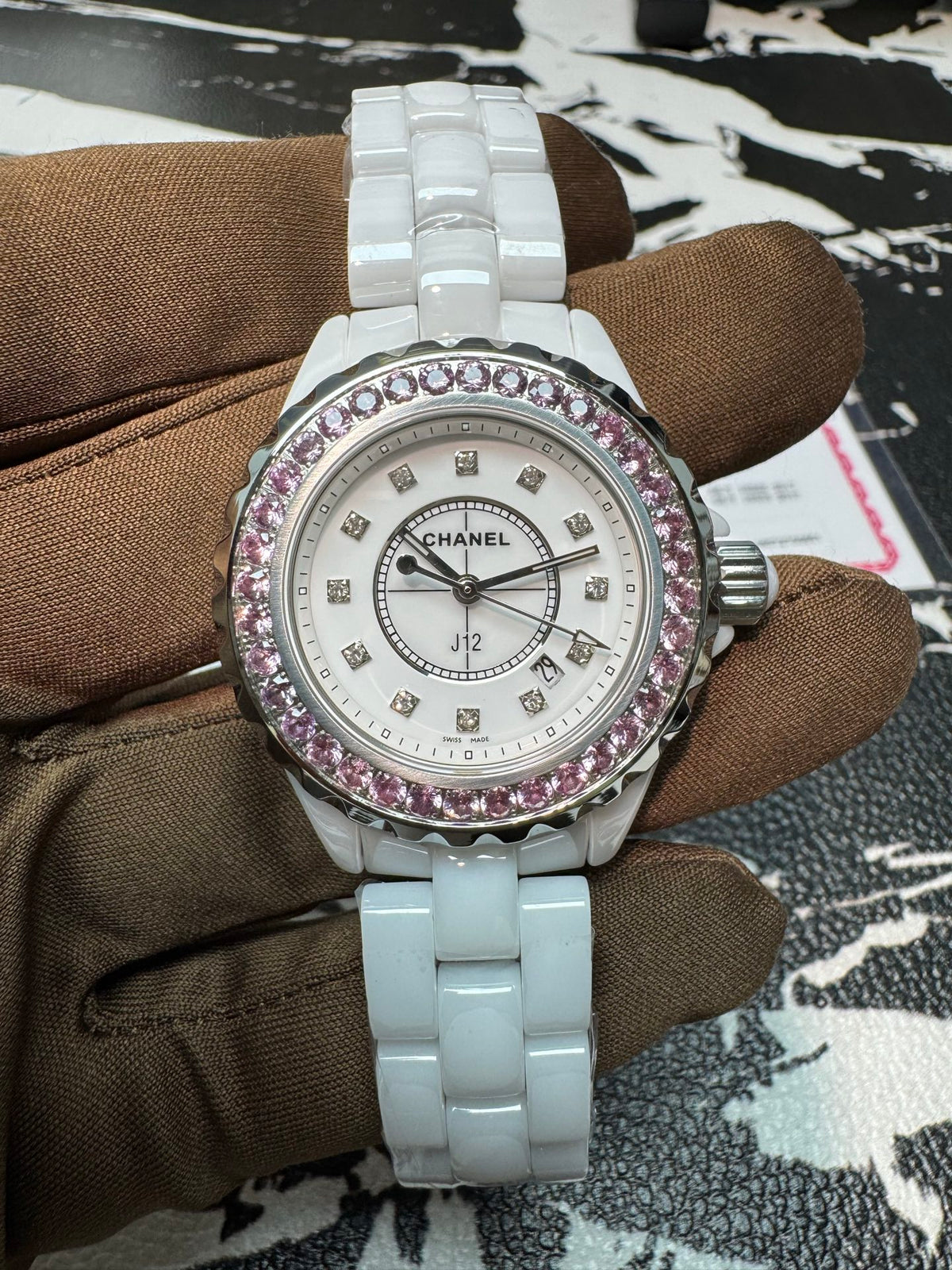 Chanel J12 33mm H2010 White Ceramic Watch with Pink Sapphire Bezel