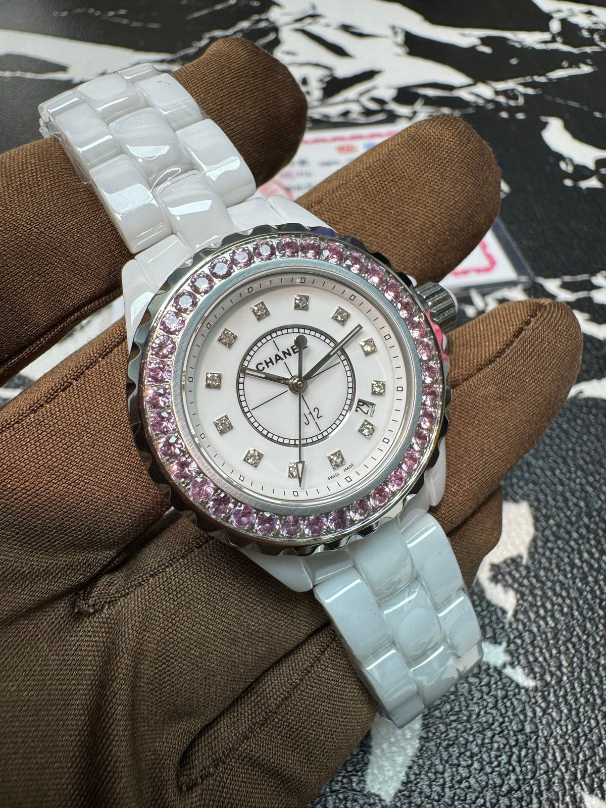 Chanel J12 33mm H2010 White Ceramic Watch with Pink Sapphire Bezel