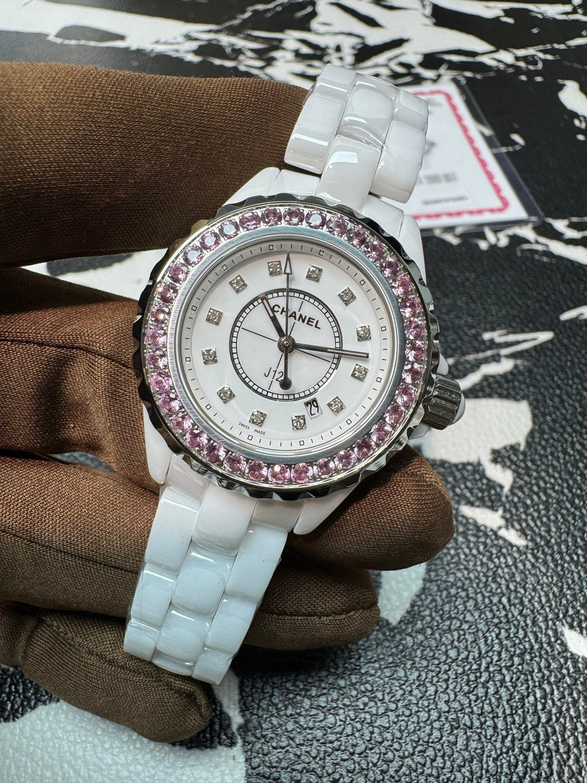 Chanel J12 33mm H2010 White Ceramic Watch with Pink Sapphire Bezel