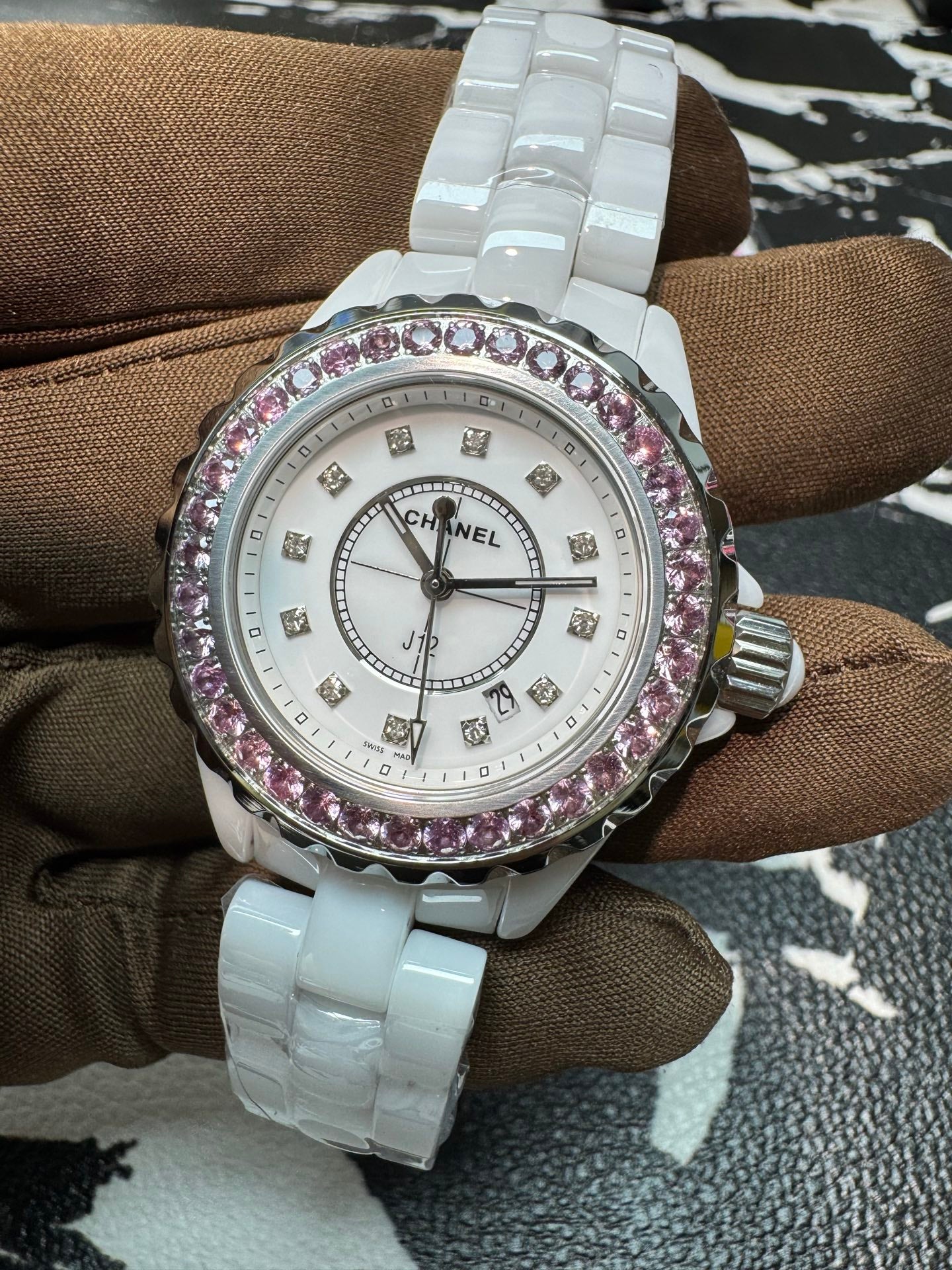 Chanel J12 33mm H2010 White Ceramic Watch with Pink Sapphire Bezel