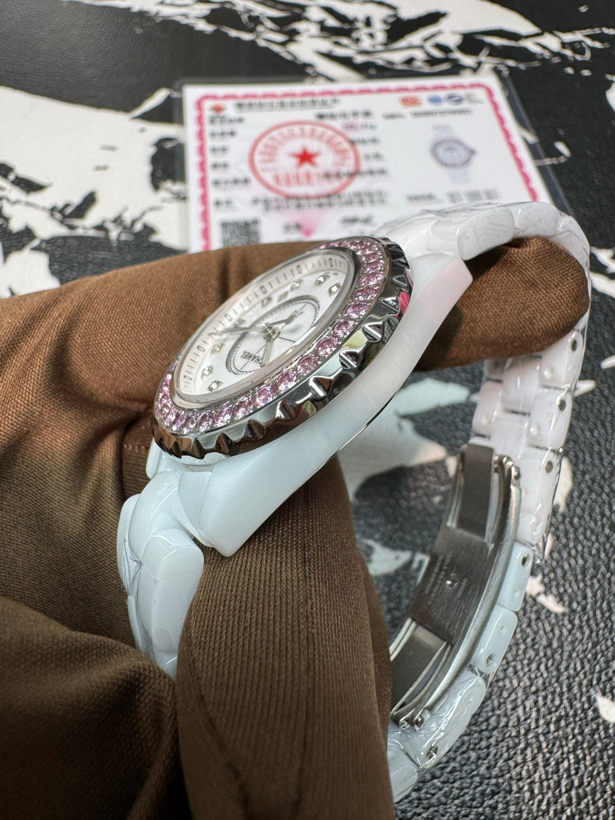 Chanel J12 33mm H2010 White Ceramic Watch with Pink Sapphire Bezel