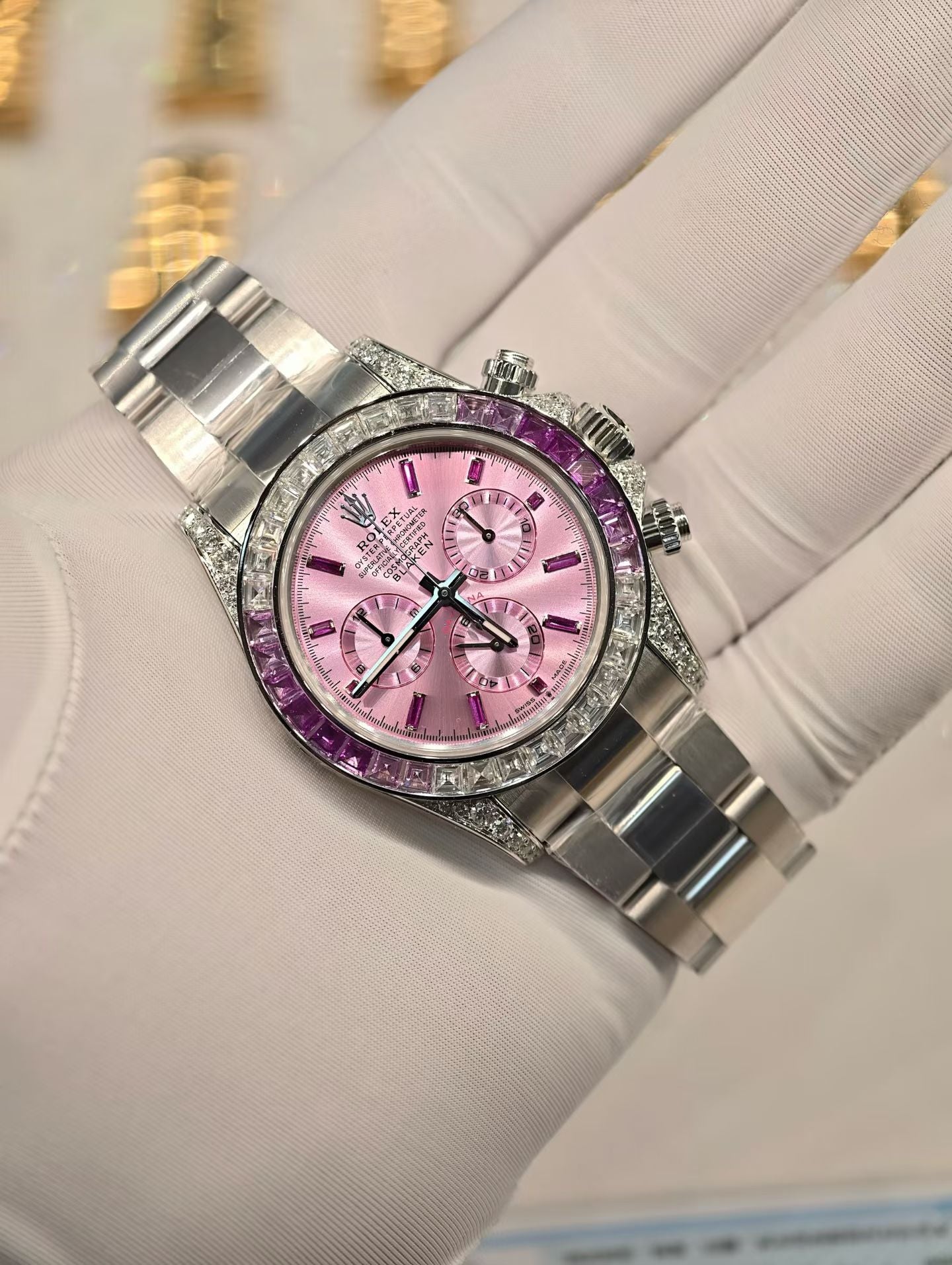 Blaken-Modified Rolex Cosmograph Daytona with Pink Sunburst Dial & Pink Sapphire Bezel