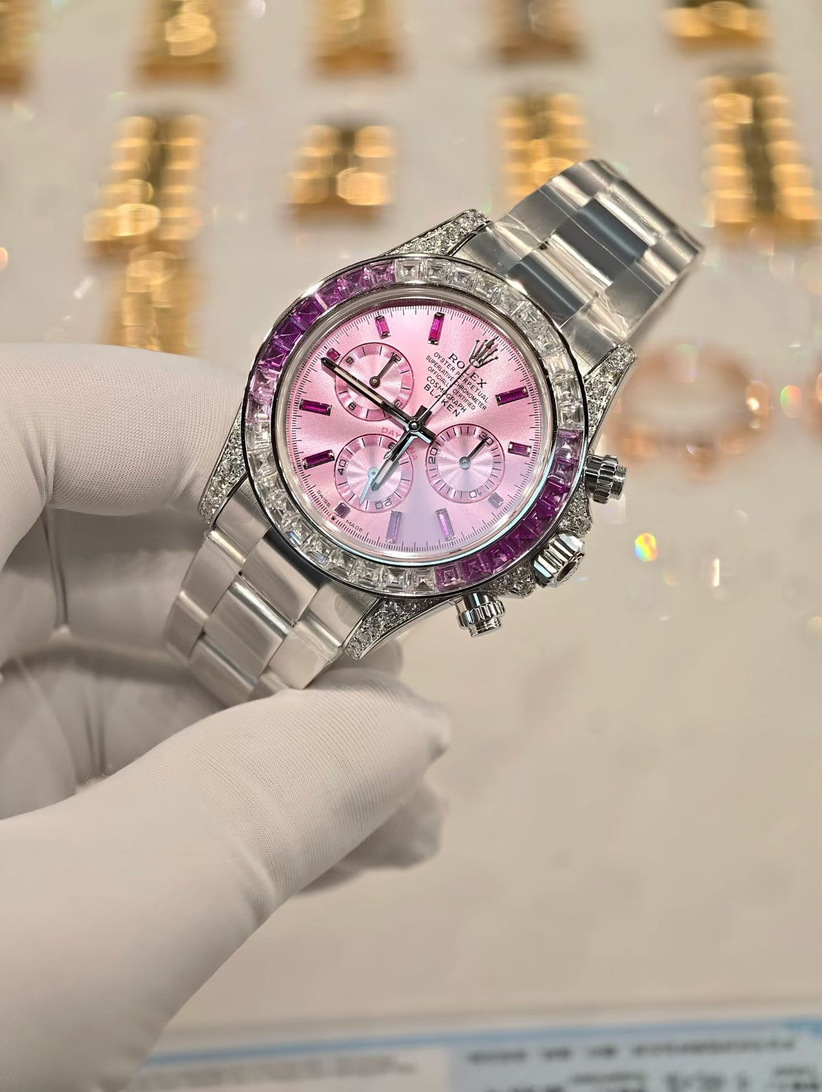 Blaken-Modified Rolex Cosmograph Daytona with Pink Sunburst Dial & Pink Sapphire Bezel