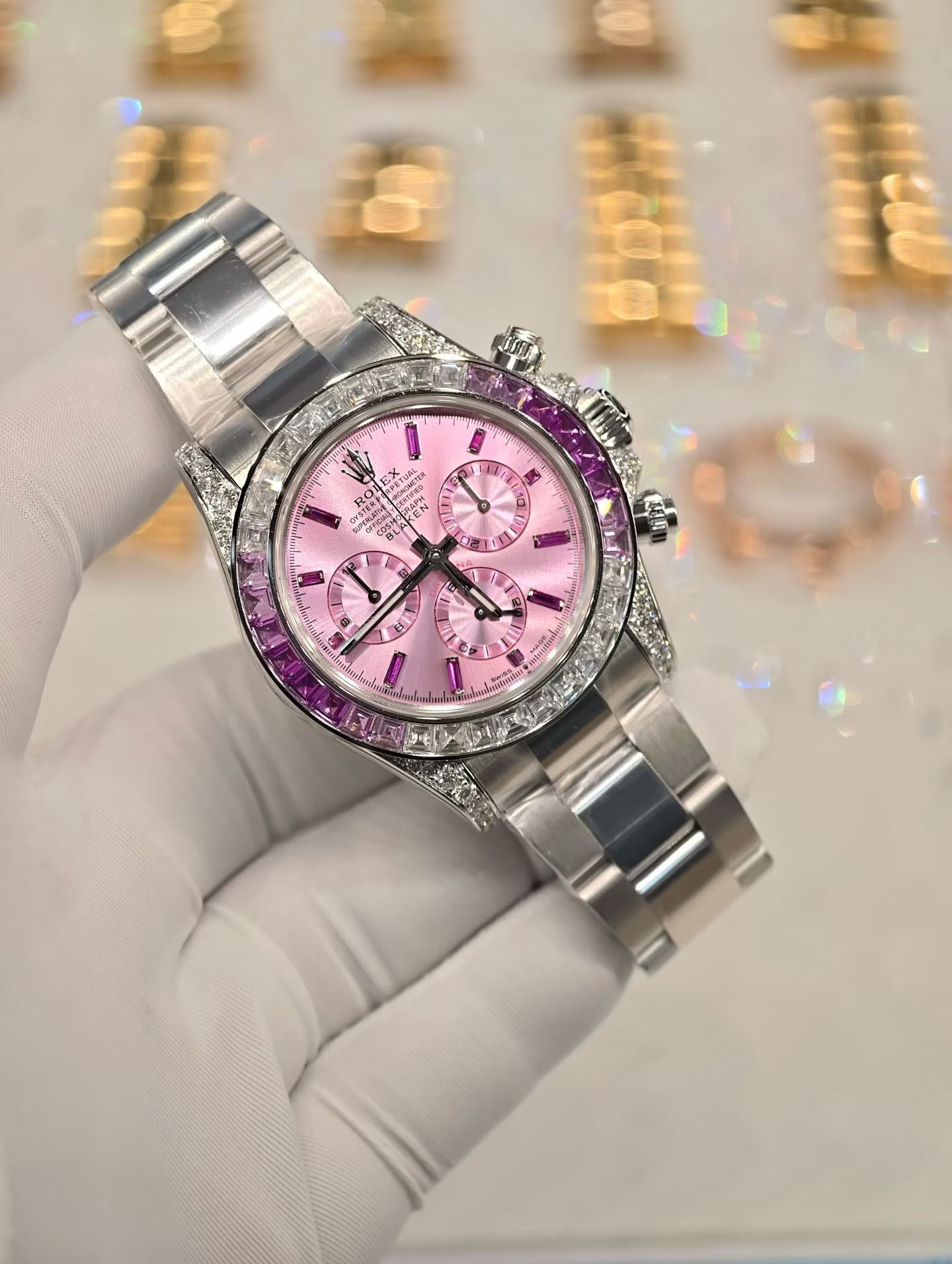 Blaken-Modified Rolex Cosmograph Daytona with Pink Sunburst Dial & Pink Sapphire Bezel
