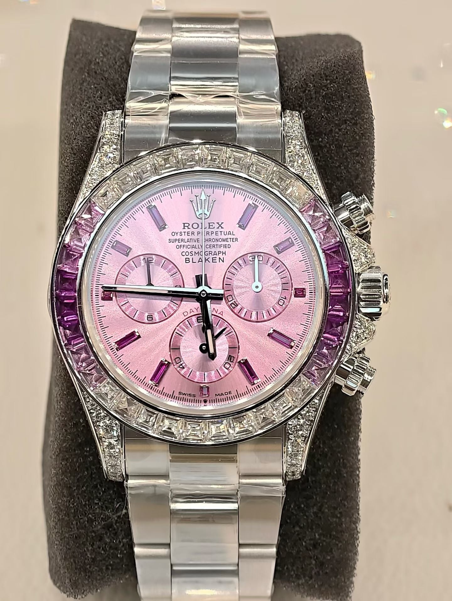 Blaken-Modified Rolex Cosmograph Daytona with Pink Sunburst Dial & Pink Sapphire Bezel