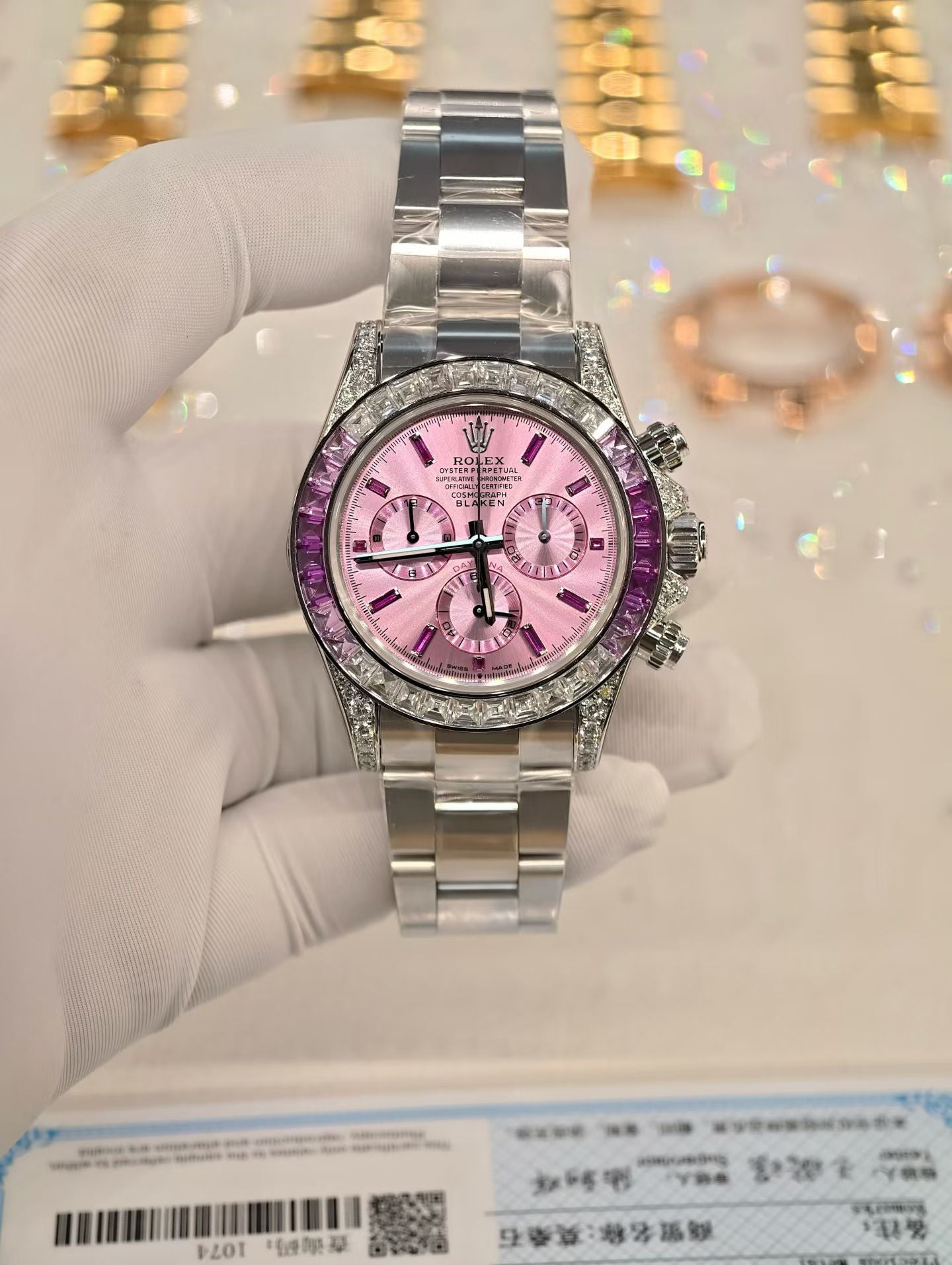 Blaken-Modified Rolex Cosmograph Daytona with Pink Sunburst Dial & Pink Sapphire Bezel